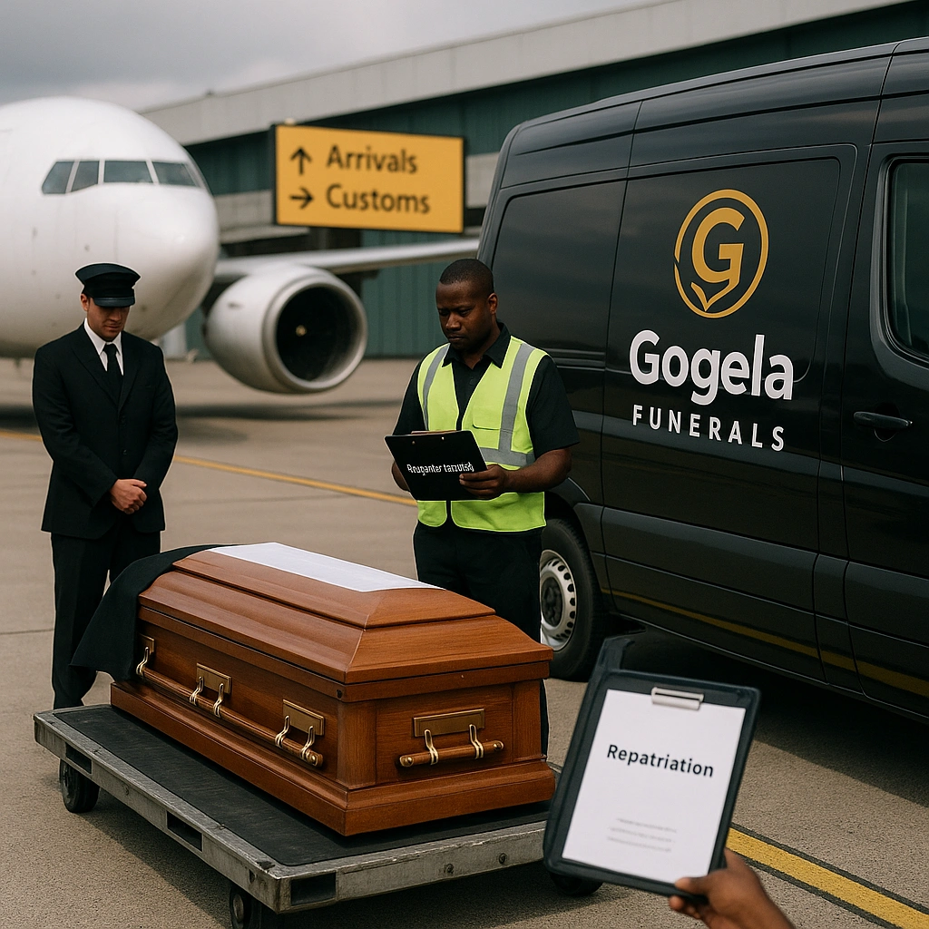 Casket and funeral vehicle at an airport for repatriation