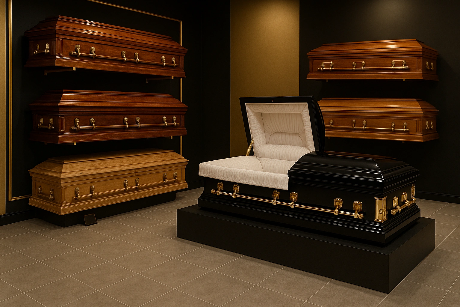 Selection of coffins and caskets in a showroom