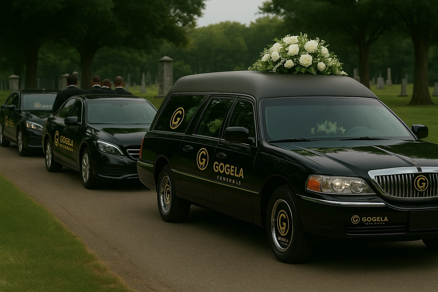 Hearse and family vehicles prepared for a procession